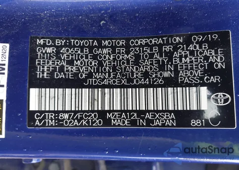 2020 Toyota Corolla Se from USA, damaged, VIN JTDS4RCEXLJ044126